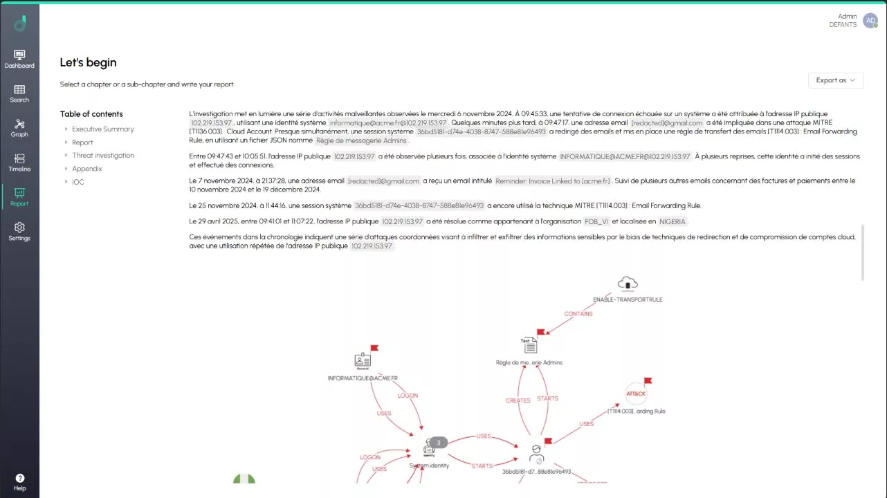 Module Report de Defants AIR affichant la structure du rapport et l’inclusion automatique des figures, captures et annotations.