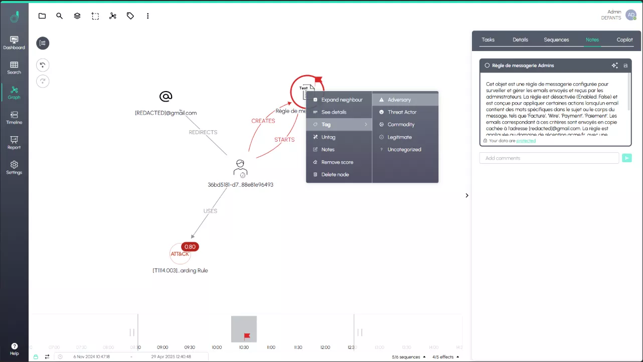 Capture de la fonction Tag et du panneau Notes dans Defants AIR, avec classification Adversary et commentaire détaillé.